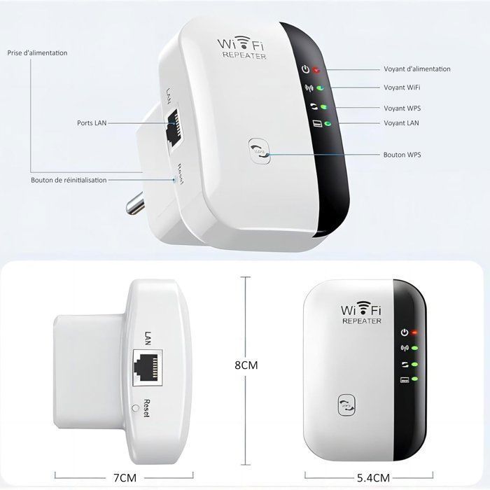 Répéteur WiFi,Réseau WiFi et 2,4 GHz,300Mbps,Mode Répéteur/Mode AP,Point d’Accès  WPS Compatible Routeurs & Appareils(Blanc)