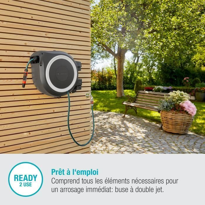GARDENA RollUp® M/L wall-mounted automatic hose reel with white trim – Length 25m – Ø13mm – Complete kit – 5-year warranty (18622-20)