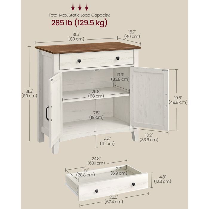 VASAGLE Buffet, Meuble de Rangement avec Tiroir, avec Portes, Étagère Réglable, 40 x 80 x 80 cm, Blanc Rustique et Marron Miel