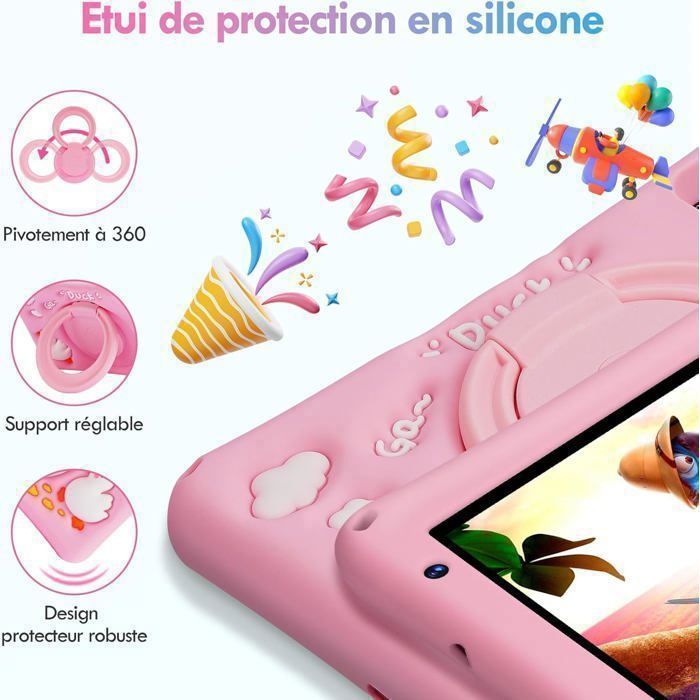 Tableta infantil de 7 pulgadas, Android 13, 8+64 GB, Octa-Core, control parental, funda a prueba de niños, rosa.