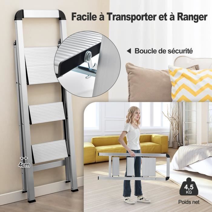 Escalera plegable de aluminio de 3 peldaños COSTWAY, portátil con plataforma ancha, peldaños antideslizantes, patas de goma, capacidad de carga de 150 kg.
