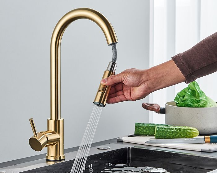 Grifo mezclador de cocina extraíble de níquel cromado, monomando, con interruptor de agua.
