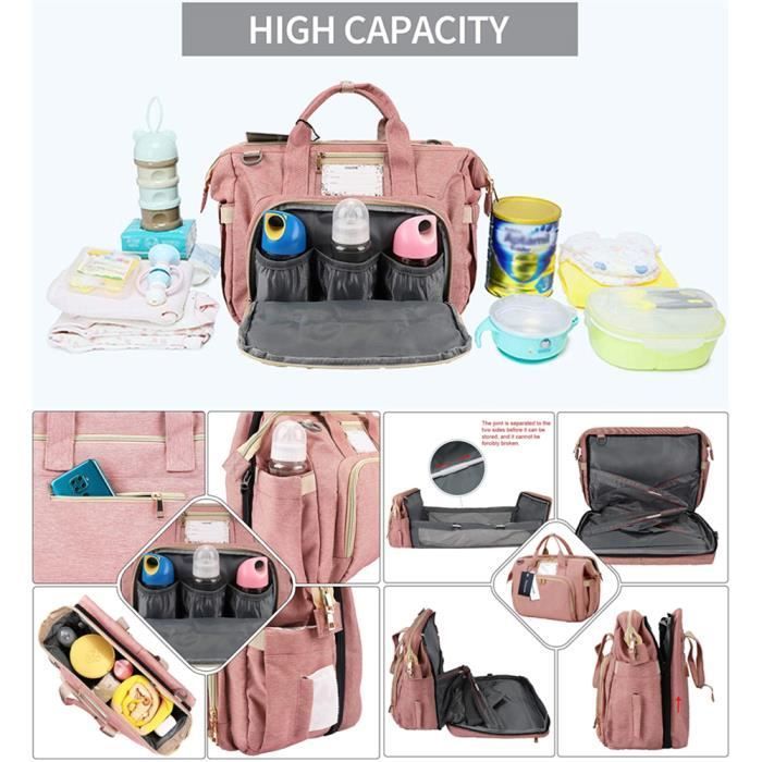 Bolsa mensageiro para fraldas de bebê, bolsa de fraldas impermeável de grande capacidade, bolsa dobrável para berço de viagem, rosa