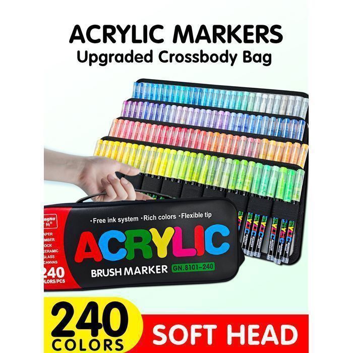 240 Colors Acrylic Marker, Soft Brush Head GuangNa Acrylic Paint Marker for Coloring, Glass, Fabric, Egg