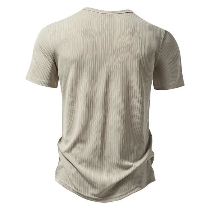 Camiseta Henley de manga corta para hombre, corte regular, ligera, ideal para el verano, cuello redondo con 3 botones, color liso - Talla europea - Caqui