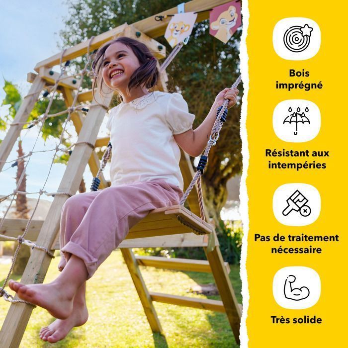Balançoire double bois WICKEY Smart Hike vert avec module d’escalade et poutre d’équilibre – 10 ans de garantie*