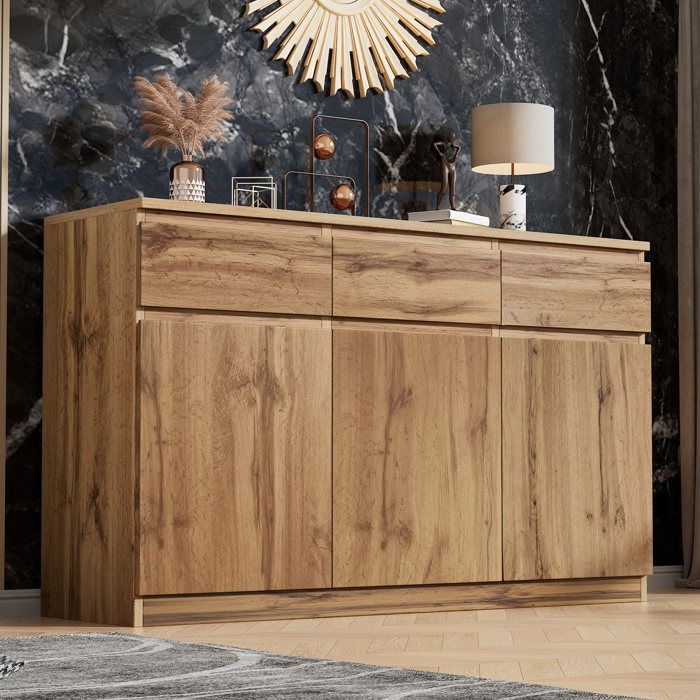 Niedriges Sideboard 135×40×81 cm mit 3 Türen und 3 Schubladen, Wohnzimmer-Sideboard mit Stauraum, Küchen-Sideboard in Holzoptik