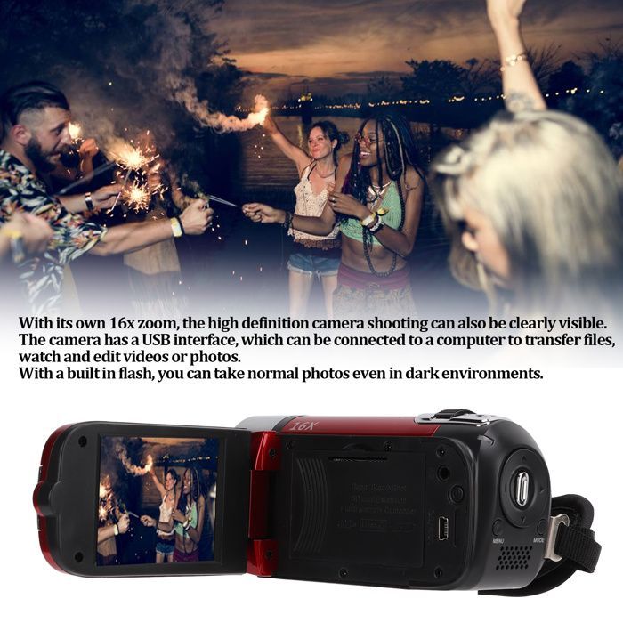 Videocámara portátil OMABETA Full HD con pantalla giratoria de 270° y color rojo.