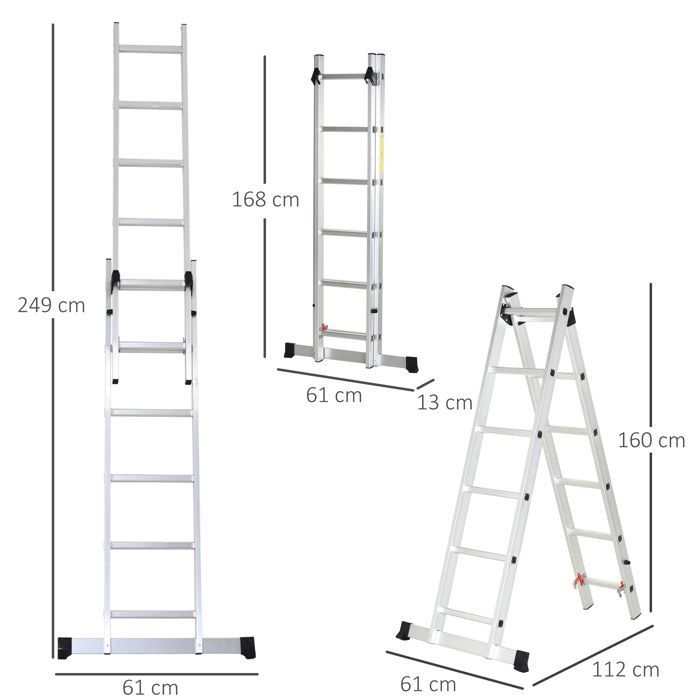 Escalera - HOMCOM - multifuncional de aluminio de 2,5 m - plegable y portátil - patas antideslizantes - carga máxima 150 kg - plateada