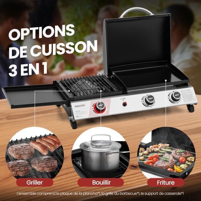 Barbacoa de gas 3 en 1 - ROYAL GOURMET - Modelo portátil - 8,5 kW de potencia - Negra - Multifuncional