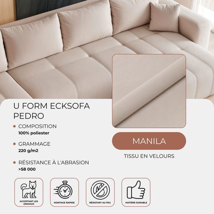 Canapé d angle PEDRO - 7 places - canape convertible avec coffre - tissu velours - beige