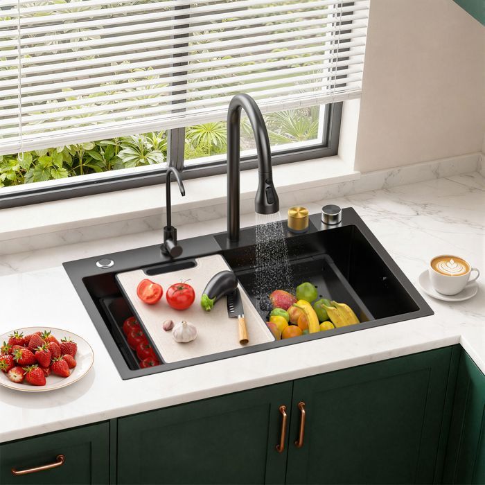 Black stainless steel waterfall kitchen sink, 1 bowl bar sink with integrated cup rinser - undermount with numerous accessories