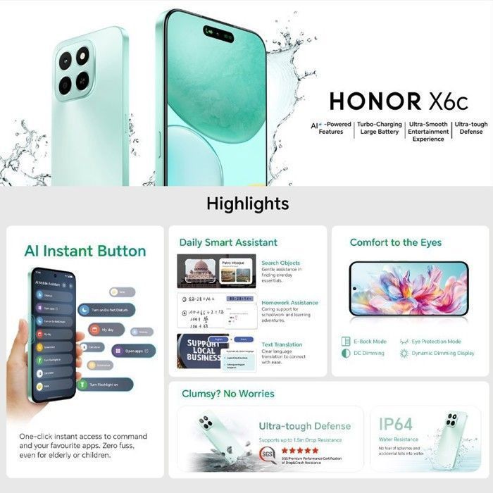 Smartphone HONOR X6C, 6 GB de RAM, 128 GB de ROM, color cian océano.