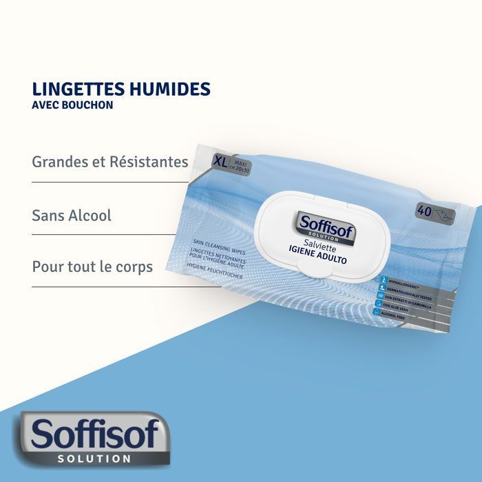 Soffisof Lingettes Hygiène Adulte XL - 240x Lingettes Nettoyantes Corps, 6 Paquets - Adultes, Personees Agées, Patients Alités