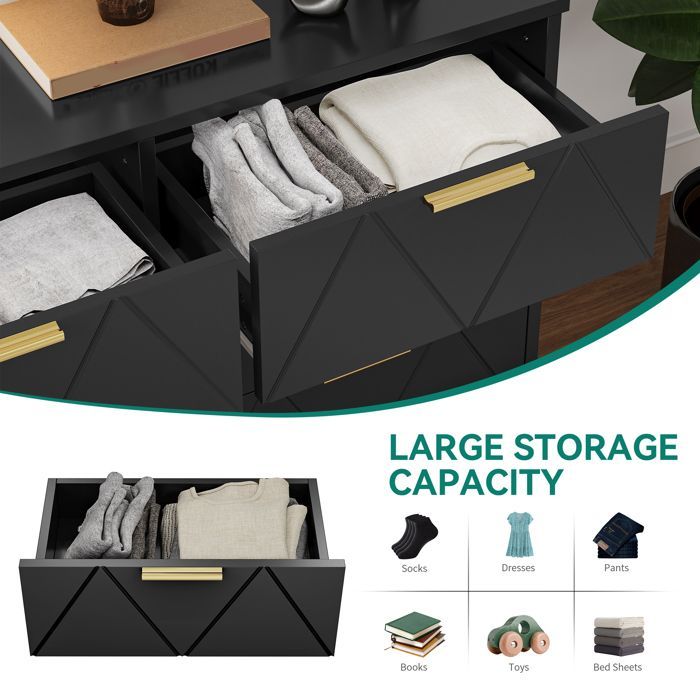 YITAHOME Commode à 6 tiroirs, Large Commode en Bois, Meuble de Rangement Coulissant, Meuble de Bureau Salon, 102 x 34 x 75cm, Noir