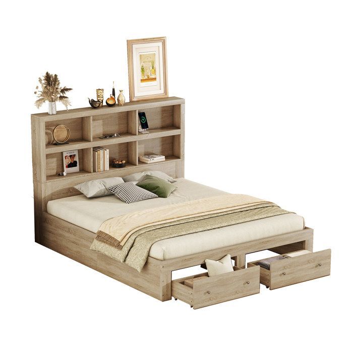 Estructura de cama de segunda generación, de aspecto acogedor, cama doble de 160 x 200 cm, madera maciza, cama king size con dos cajones a los pies.