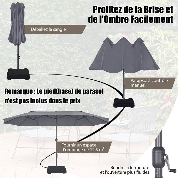 Ombrellone da giardino doppio XXL COSTWAY - 470x280x245 cm, con 12 stecche, sistema a manovella, struttura in metallo, telo in poliestere, grigio