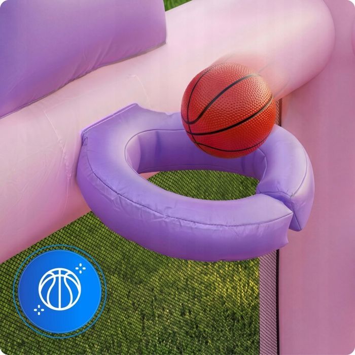 KINDI opblaasbare glijbaan, springkasteel, kinderspeelplaats met basketbalring en hindernisbaan