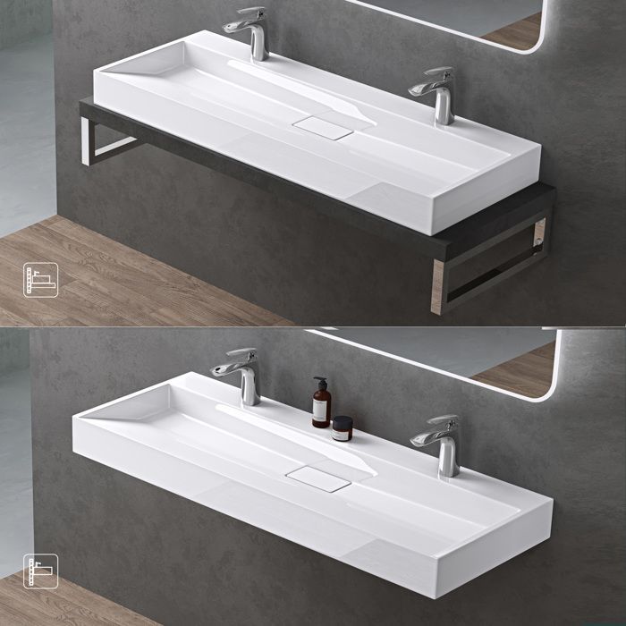 Lavabo mural Doporro con desagüe, blanco, 120x46x11cm, lavabo rectangular con 2 orificios, Colossum19