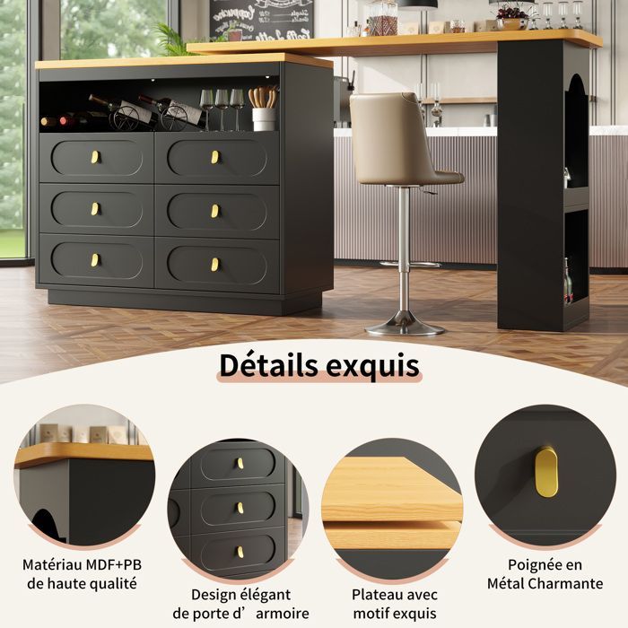 Buffet de Cuisine industriel Extensible,Armoire de Cuisine Pivotante à 360°,6 Tiroirs 137-203x39x90cm,Buffet Salon Rangement，Noir