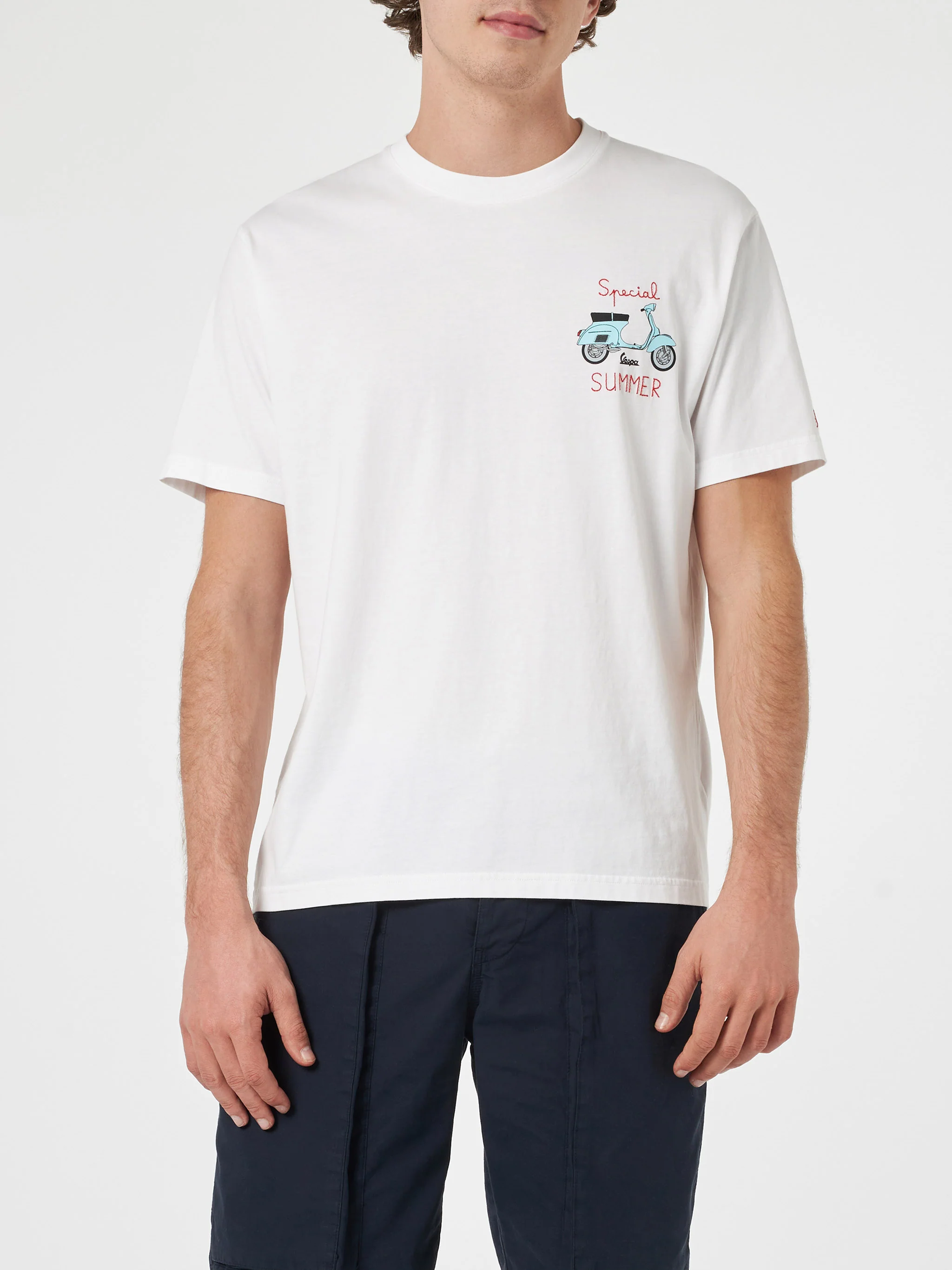 MC2 Saint Barth Men's T-Shirt | White Vespa Print | Special Summer Embroidery | 100% Cotton Classic Fit | MC2 Saint Barth | VESPA SPECIAL EDITION