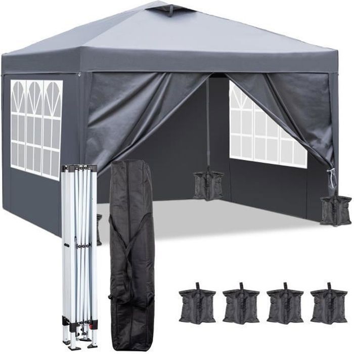 Cenador plegable de 3x3 m, cenador de jardín impermeable con 4 lados, 4 sacos de arena, para senderismo/acampada/picnics, gris