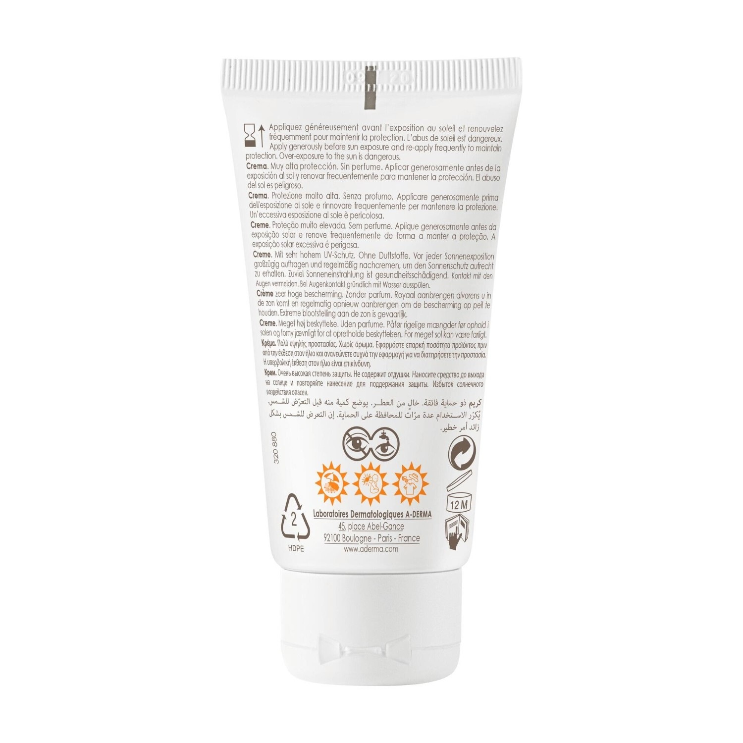 A-DERMA Crème solaire visage SPF50+ sans parfum