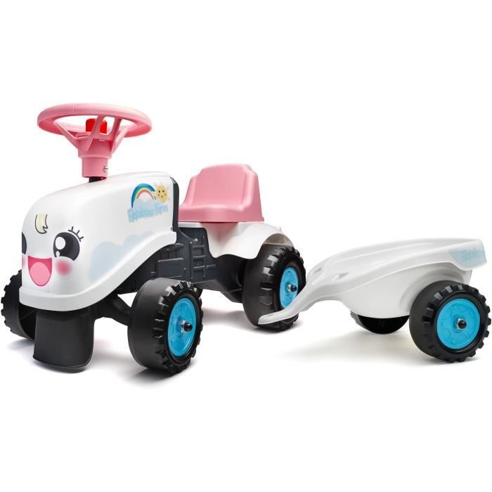 Porteur Tracteur Rainbow Farm - FALK - Volant directionnel avec klaxon - Blanc et Rose - 100% Fabriqué en France - Dès 12 mois