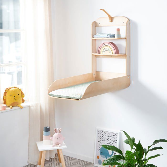 Cambiador plegable de pared ROBA - Madera natural - Estantes integrados - Diseño minimalista