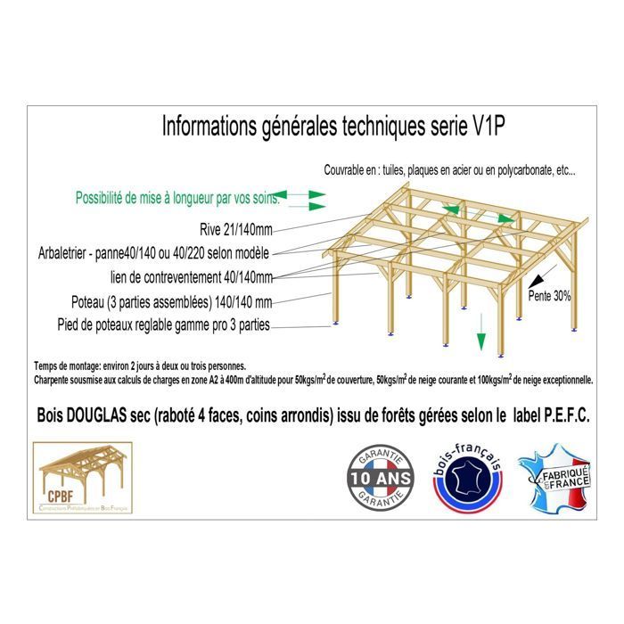 Carport aus französischer Douglasie, 46 m² – Pultdach – 10 Pfosten – Unterstand für 4 Fahrzeuge – 10 Jahre Garantie