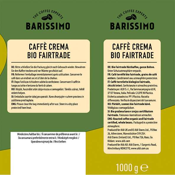 Organic Fairtrade Caffè Crema, 8 x 1 kg, whole bean