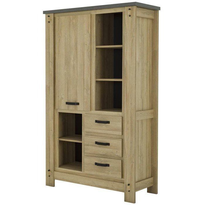Aparador alto BROCELIANDE – Acabado en roble claro – 1 puerta + 3 cajones – 124 × 50 × 202 cm – GAMI