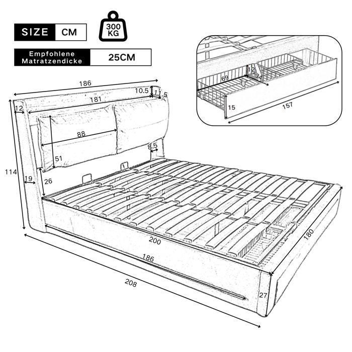 Cama con almacenamiento - TKOPY - Cama doble para adultos de 180x200 cm con iluminación LED y 2 cabeceros - Cama tapizada con cajones y espacio de almacenamiento - Terciopelo beige
