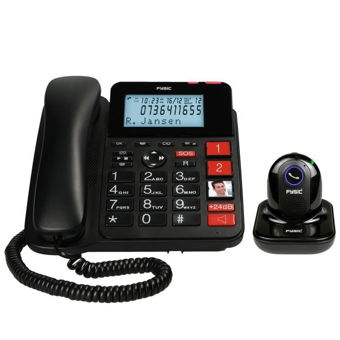 Fysic FX3960 - Telefoon met snoer, antwoordapparaat en draadloze SOS-alarmzender, zwart