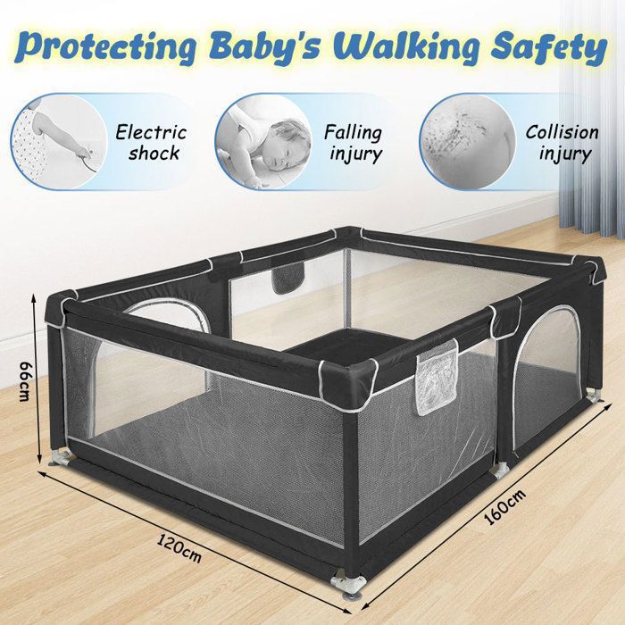 Parque infantil de 160x120 cm - MIPAN - Parque de actividades para niños con base - Plegable - Parque XL para niños pequeños con puerta con cremallera - Negro