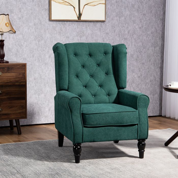 Sillón tapizado - HOMCOM - con asiento ancho, patas de madera, estilo clásico - muy cómodo - 74 x 86 x 102 cm - verde