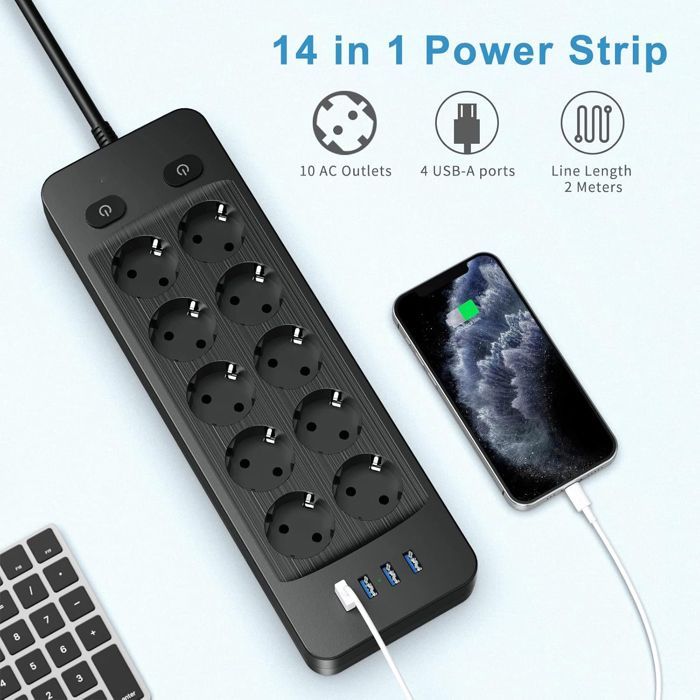 Regleta de 4000 W con 10 tomas de corriente, 4 puertos USB, protector contra sobretensiones e interruptor, cable de 2 m.