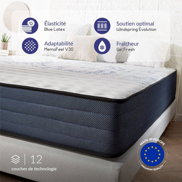 Matelas Dream Komfort 160x200 cm - Hybrid - Ressorts ensachés+Latex+Mousse Viscoélastique HR - Soutien Mi-ferme 7 zones - 26 cm