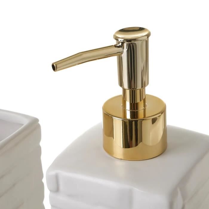 Ensemble d'accessoires salle de bain 3 pièces, set salle de bain avec distributeur de savon en céramique coloris blanc-doré-JUANIO