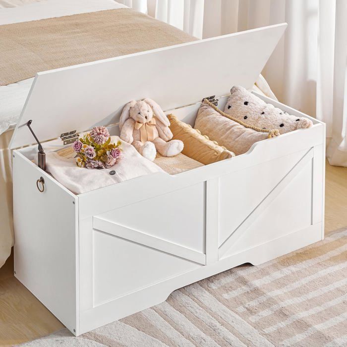 HOOBRO Coffre de Rangement, Banc de Rangement avec Couvercle en Bois,Armoire à Jouets, Banc à Chaussures, Blanc