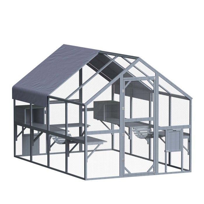 Recinto exterior para gatos Wiltec 280 x 188 x 188 cm Catio Techo de madera de abeto con lona impermeable Múltiples plataformas Refugio J