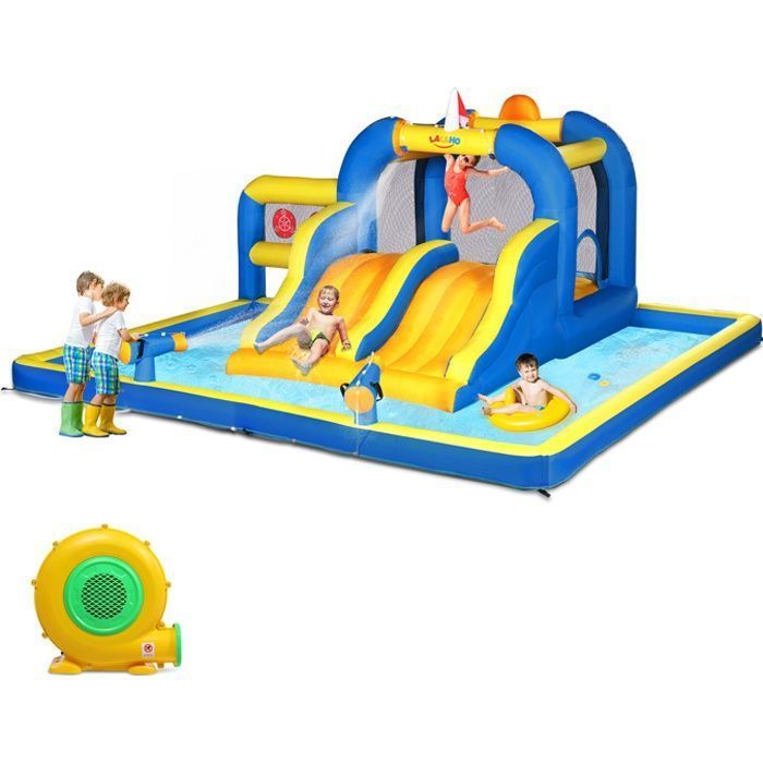 LALAHO Château Gonflable avec Souffleur, Aire de Jeux Gonflable avec Zone de Saut et 2 Toboggan,470 x 472 x 225 cm