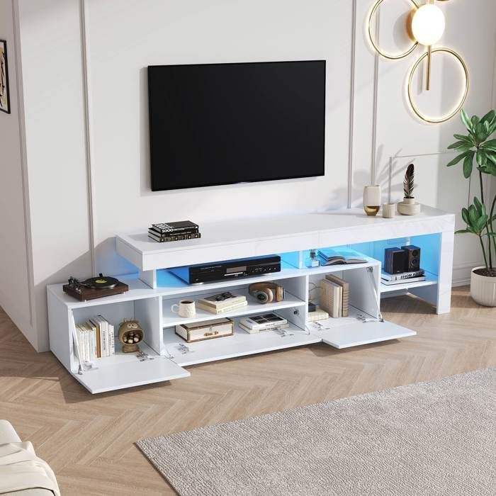 Mueble para TV blanco brillante, 192 x 37 x 53 cm, con iluminación LED, 3 puertas y estantes — para televisores de hasta 85 pulgadas