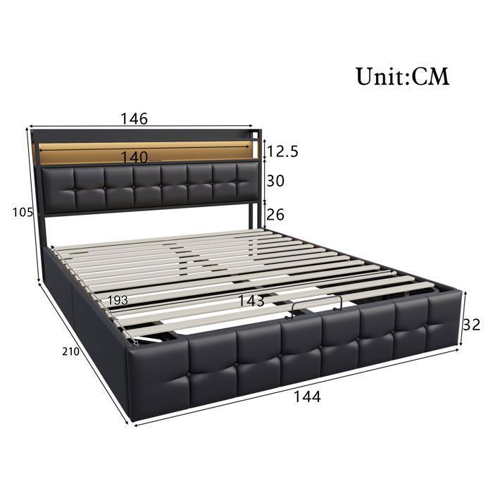 Cama con almacenamiento de 140x190 cm, USB, LED RGB, tela de PU, estructura de cama doble, cama para adultos, color negro.