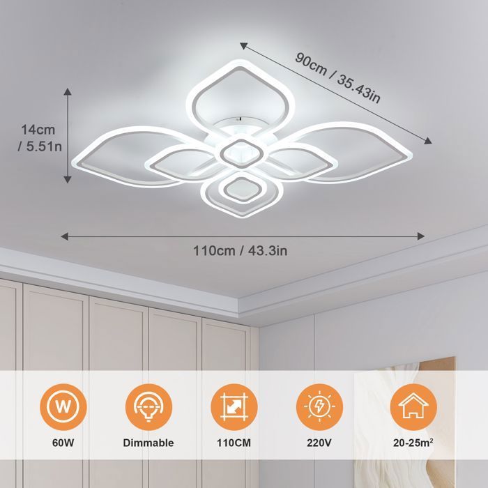 DORLINK Plafonnier LED 120W - Design Moderne 8 Têtes avec Télécommande - Dimmable 3000K-6500K - Blanc - Pour Salon Chambre Cuisine