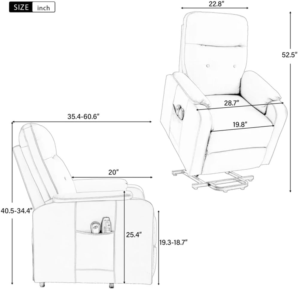 Valnötsliknande massagefåtölj med elektrisk lyftfunktion, sidoficka, justerbar och värmefunktion för vuxna och seniorer