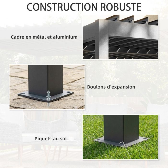 Pergola bioclimatique - Outsunny - lames orientables, manivelle - protection soleil, imperméable - aluminium - 4x3m - gris foncé