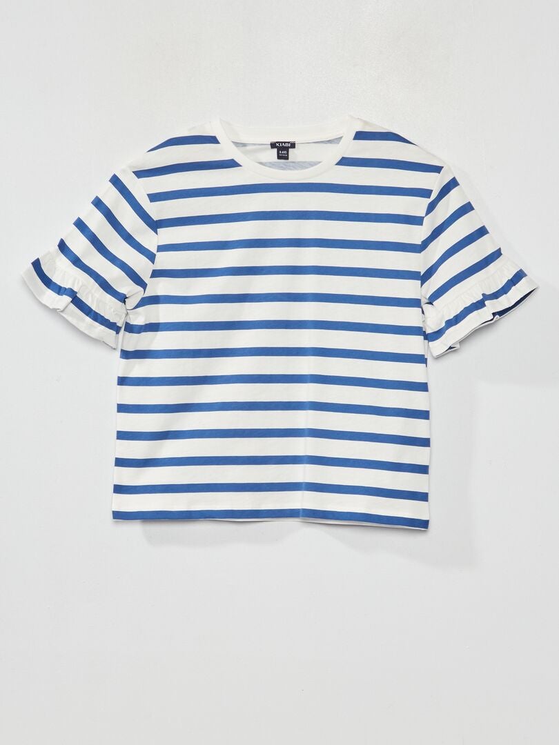 T-shirt met ruchesmouwen - BLAUW