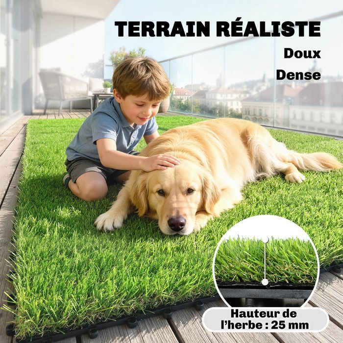 Gazon synthétique - pelouse artificielle - Outsunny - 22 pièces dalle gazon clipsable DIY auto-drainant pour balcon jardin - vert