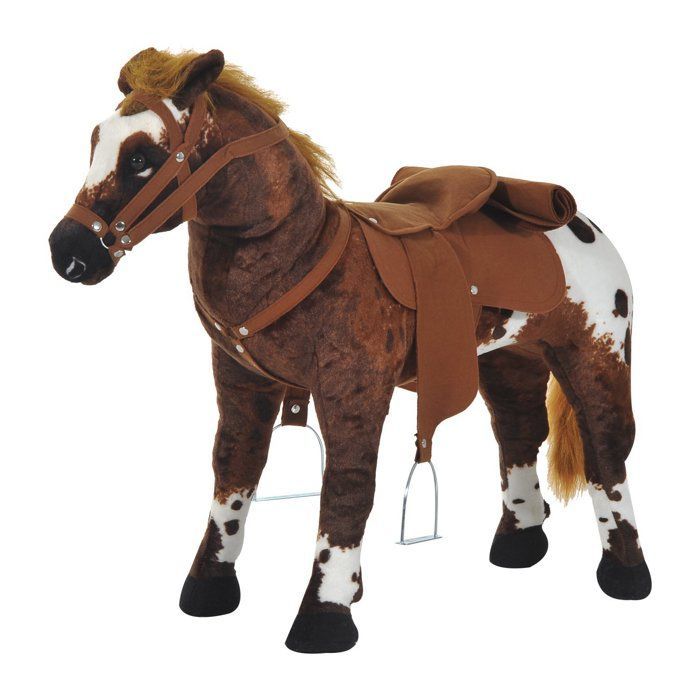 Juguete balancín - HOMCOM - Caballo de peluche de pie con efectos de sonido (relincho, galope, silla de montar) - Madera - 85x28x60cm - Marrón y blanco